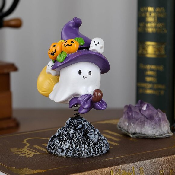 Bobbing Ghost on Broomstick with Witch Hat Swing Ghost Statue Ornament Decor - Picture 2 of 6